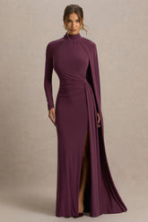 Anticipation | Burgundy High-Neck Maxi Dress With Front Split And Ruched Detailing
