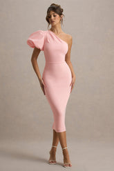Aimee | Pink Asymmetric Puff-Sleeve Midi Dress