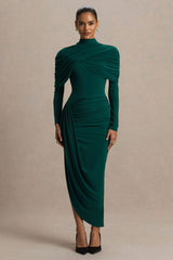 Aneira | Bottle Green High-Neck Maxi Dress With Cape Sleeves