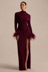 Gatsby | Burgundy High-Neck Maxi Dress With Feather Trim Cuffs
