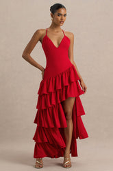 Bogota | Red Plunge-Neck Maxi Dress With Ruffling Details And Front High Split