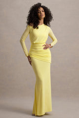 Deanna | Lemon Asymmetric Long-Sleeve Ruched Maxi Dress