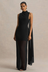 Unpredictable | Black High-Neck Maxi Dress With Back Cape Detail