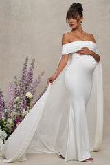 Carlotta | White Bardot Maternity Maxi Dress With Chiffon Cape