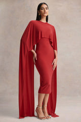 Kalani | Red Crew-Neck Midi Dress With Cape-Sleeves