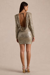 Mercedes | Champagne Sequin Boat-Neck Mini Dress With Draped Detail And Open Back