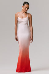 Lucie | Red Ombre Satin Cowl-Neck Maxi Dress