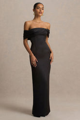 Valeria | Black Satin Twist-Bardot Neck Maxi Dress