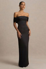 Valeria | Black Satin Twist-Bardot Neck Maxi Dress