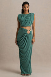 Avaline | Green Wrap Maxi Skirt With Ruched Detailing