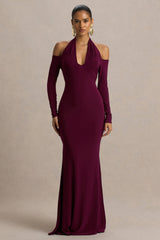 Living High | Burgundy Halter-Neck Maxi Dress With Long Sleeves