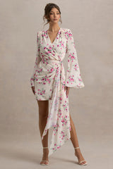 Goldie | Cream Floral Print Chiffon Long-Sleeve Wrap Mini Dress