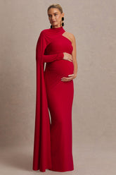 Tessy | Red Asymmetric-Neck Maternity Maxi Dress With Cape-Sleeve