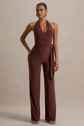 Marlais | Chocolate Plunge-Neck Jumpsuit With Tie-Waist