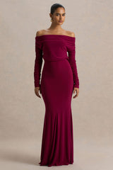 Cilla | Burgundy Bardot-Neck Maxi Dress With Ruched Detailing