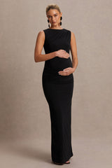 Raven | Black Boat-Neck Maternity Maxi Dress With Gathered-Detailing