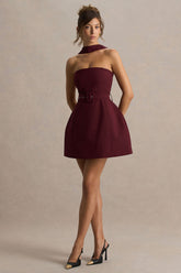 Timberly | Burgundy High-Neck Tailored Micro-Mini Dress