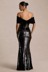 Bex | Black Sequin And Velvet Bardot-Neck Maxi Dress