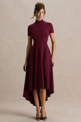 Bellona | Burgundy High-Neck High-Low Midi Dress