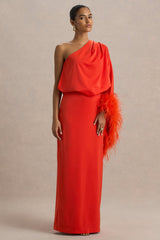 Felicity | Orange Satin Asymmetric-Neck Maxi Dress With Feather Detailing