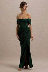 Annie | Bottle Green Satin Bardot Maxi Dress With Split Wrap Skirt