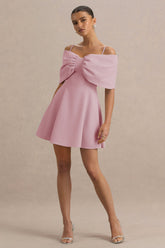 Faria | Blush Pink Short-Sleeve Bardot Mini Dress With Bow Detail