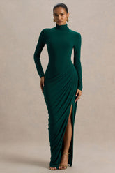 Betsy | Bottle Green High-Neck Maxi Dress With Front Split And Ruched Detailing