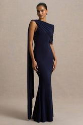 Tiana | Navy Asymmetric-Neck Maxi Dress With Drape-Detail