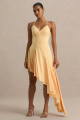 Glint | Peach Satin Plunge-Neck Maxi Dress With Asymmetric Hem