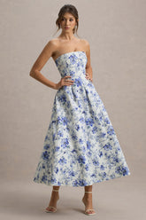 Annalise | Blue Porcelain Print Bandeau Skater Midi Dress