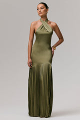 Sansa | Khaki Satin Cross Halter-Neck Plisse Maxi Dress