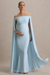 Radiance | Powder Blue Bardot Maternity Maxi Dress With Cape