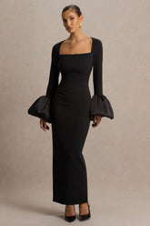 Retreat | Black Square-Neck Maxi Dress With Satin Puff-Sleeves