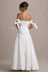 Ethel | White & Cream Bardot Maxi Dress With Volume Skirt