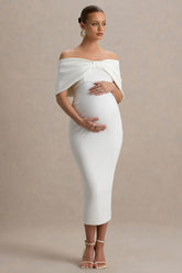 Droplet | White Bow Bardot Maternity Midi Dress