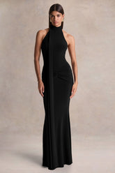 Hyla | Black High-Neck Maxi Dress With Sash-Detail