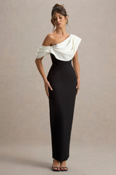 Angelina | Black & White Draped Shoulder Maxi Dress