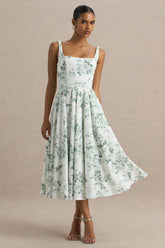 Lissa | Green Porcelain Print Square-Neck Midi Dress