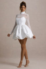 Tinkerbell | White Satin Long-Sleeve Puffball Mini Dress