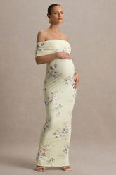Cindy | Lemon Floral Bouquet Print Bardot-Neck Maternity Maxi Dress With Ruched Detail