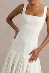 Magnolia | White Scoop-Neck Midi Dress With Drop-Waist And Ruffling Detail