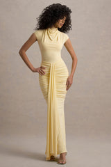 Lorenza | Pale Lemon High-Neck Ruched Maxi Dress With Draped Skirt