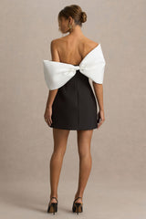 Tindra | Black And White Satin Bandeau-Neck Mini Dress With Bow Sleeves