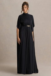 Olessia | Black Belted Gathered Cape-Sleeve Maxi Dress