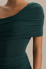 Dynasty | Dark Green Asymmetric-Neck Maxi Dress With Ruched Detailing And Front High-Split