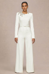 Prize | Cream Crew-Neck Jumpsuit With Embellishment Detail