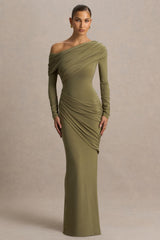 Perrie | Olive Asymmetric-Neck Maxi Dress With Ruched Detailing