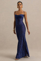 Marya | Blue Leopard Print Cowl-Neck Slip-Maxi Dress