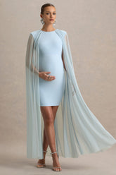 Charlene | Powder Blue High-Neck Maternity Mini Dress With Mesh Cape