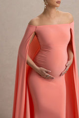 Radiance | Coral Bardot Maternity Maxi Dress With Cape